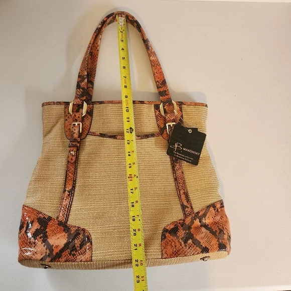 B Makowsky Leather Snake Large Shoulder Mansfield Tote Handbag Woven Purse New - Picture 7 of 10